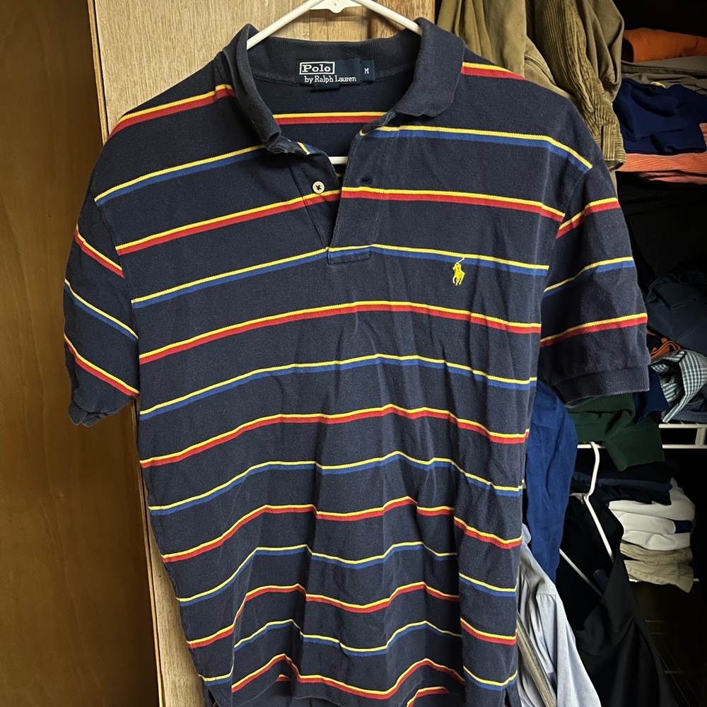 Ralph Lauren Men's Polo Shirt - Navy with Colorful Stripes